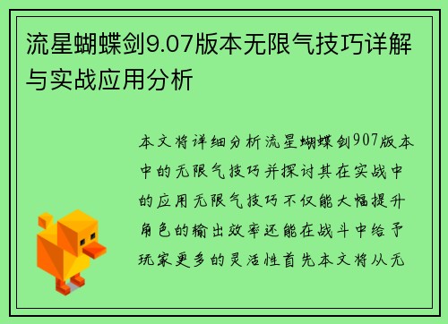 流星蝴蝶剑9.07版本无限气技巧详解与实战应用分析